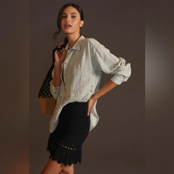 ANTHROPOLOGIE V-Neck Popover Shirt in Blue - Picture 2 of 11